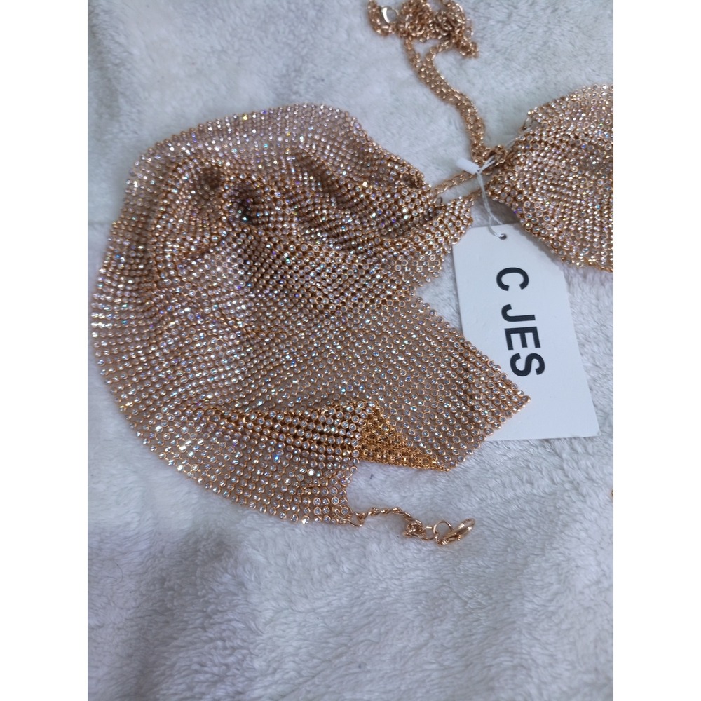 CJES Gold Rhinestone Mesh Halter Bra Top Crystal Festival Rave Party Top (147) - Picture 2 of 9